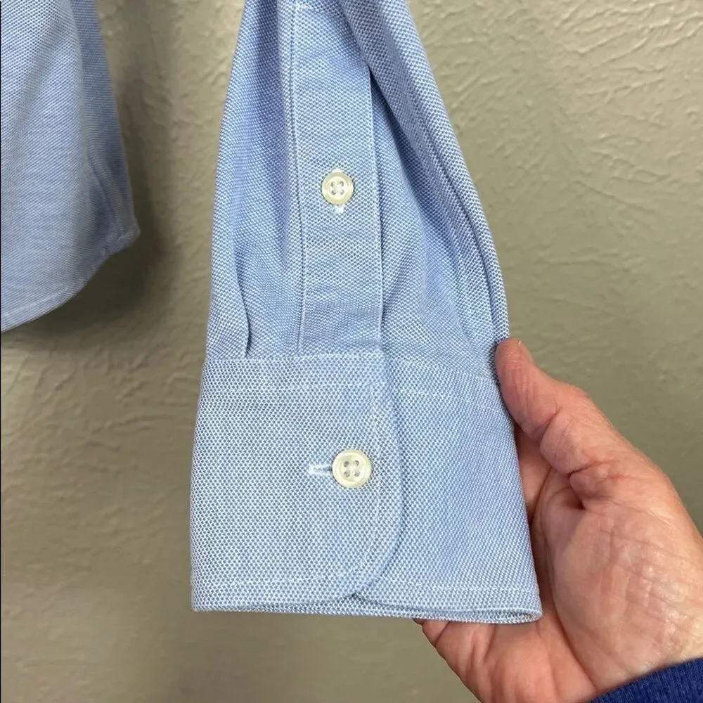 Ralph Lauren Boys Knit Oxford Pony Logo Blue Long Sleeve Button Down Shirt Large